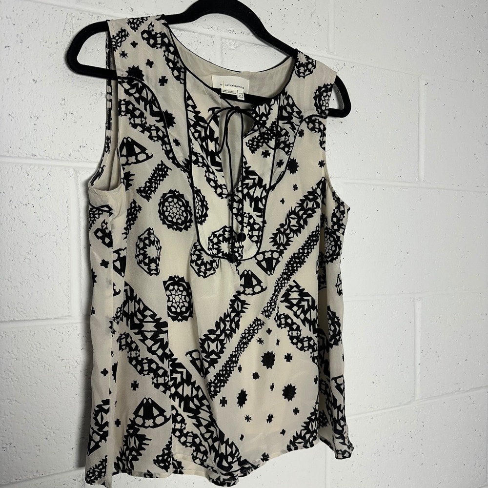 Anthropologie Silk Blend Geometric Mandala Print Tie Neck Sleeveless Blouse 8